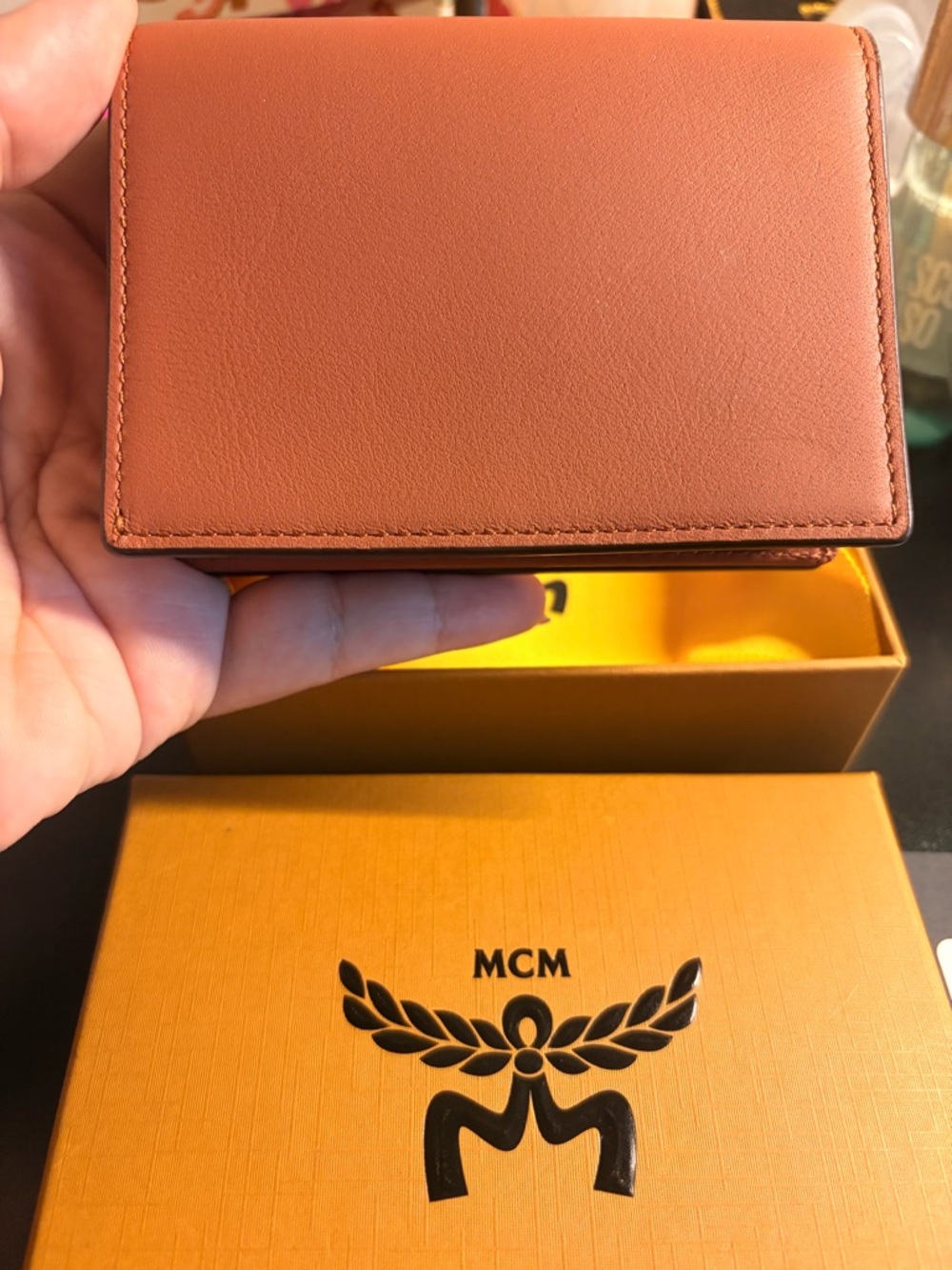 MCM Cognac Leather Envelope Wallet with Gold Logo - Picture 7 of 8